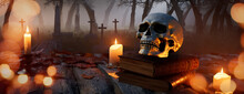 Creepy Background With Skull And Candles. Halloween Graveyard Tabletop.