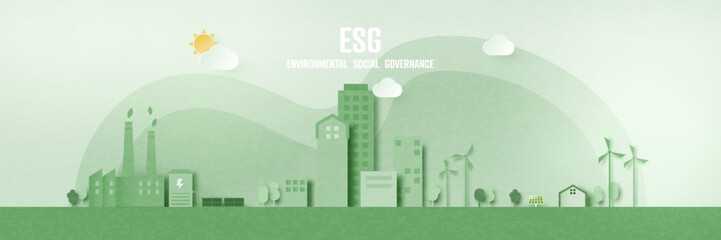 Wall Mural - green eco friendly cityscape and green industry background.alternative renewable energy.paper art of