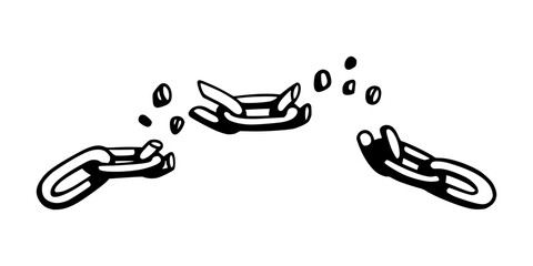 Wall Mural - broken chain with shatters as symbol of strength and freedom. sketch of metal chains. vector illustr