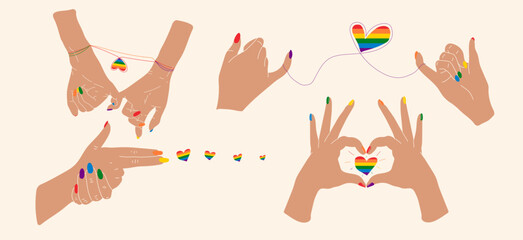 Wall Mural - Set  that are Hands showing lgbt heart. Vector in cartoon style. All elements are isolated	