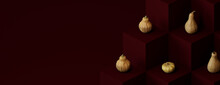 Contemporary Autumn Banner With Squashes On Deep Plum Red Blocks.