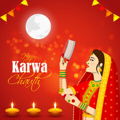 Wall Mural - Vector illustration of Happy Karwa Chauth Indian festival sale banner