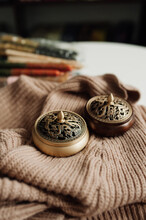 Golden Antique Brass Incense Burners - Censer - For Aromatherapy And Incense. Vertically, Selective Focus