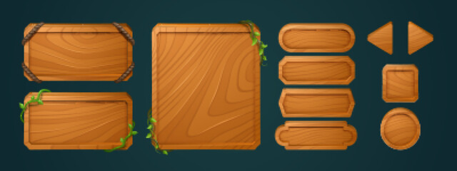 Wooden game buttons, menu interface made of wood textured boards with ropes and vines. ui or gui graphic design elements. Isolated arrows, bars and keys for app user panel, Cartoon 2d vector icons set