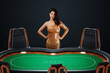 © Aliaksandr Marko - Croupier girl at the poker table, poker room. Poker game, casino, Texas hold'em, online game, card games. Modern design, magazine style.