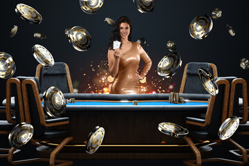 Wall Mural - Croupier girl at the poker table, poker room. Poker game, casino, Texas hold'em, online game, card games. Modern design, magazine style.