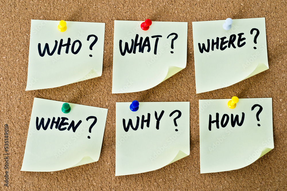 Who, why, what, when, how, where, which question on paper notes Stock ...