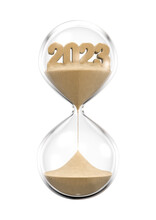 Year 2023 Hourglass - 3D Illustration Of Time Slipping Away Like Sand