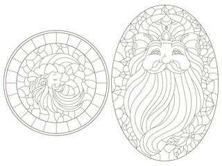 Wall Mural - Set of contour illustrations of stained glass Windows with portraits of Santa Claus, dark outlines on a white background