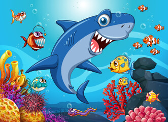 Wall Mural - funny shark with sea animals in the ocean