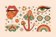 Groovy Elements Set in Retro Hippie Style 70s . Geometric Abstract Vector Stickers: Lips, Butterfly, Daisy, Mushroom