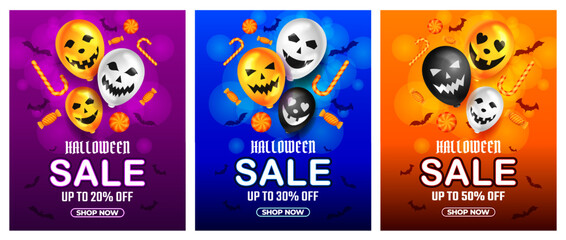 Wall Mural - Halloween Sale Promotion  with scary balloon and candy vector, happy halloween background for business retail promotion, banner, poster, social media, feed, invitation