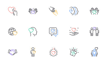 Wall Mural - Friendship and love line icons. Interaction, Mutual understanding and assistance business. Trust handshake, social responsibility icons. Linear set. Bicolor outline web elements. Vector