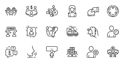 Outline set of Time management, Sharing economy and Alarm clock line icons for web application. Talk, information, delivery truck outline icon. Vector