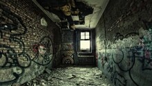 Camera Moves In Abandoned House With Graffiti On The Walls.