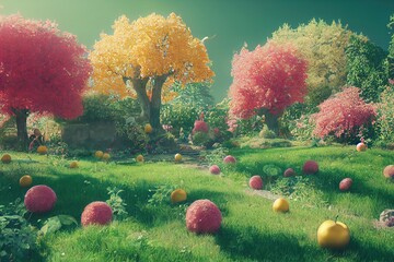 fabulous garden with colorful trees and golden apples. beautiful trees. 3D render. Raster illustration.