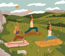 Outdoor Yoga Class In Nature Mountain Landscape. Yoga Exercise Concept Vector Illustration. Man And Woman Training Together, Cartoon Characters. Healthy Lifestyle, Sport Activity