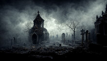 Night Scene With Creepy Church And Ghost. Digital Art For Halloween.