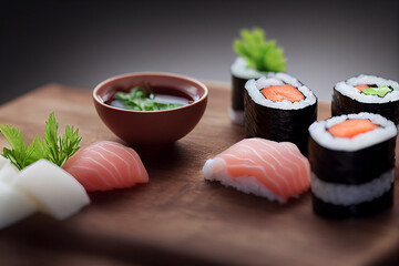 Beautifully plated sushi roll, black background, food photography illustration