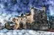Akwarela: zamek w Bobolicach (Jura Krakowsko-Częstochowska) zimą