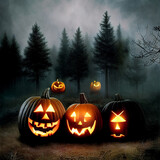 Fototapeta  - Carved pumpkins in dark forest. Spooky concept.Digital art