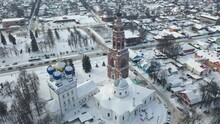 Aerial View Of Russian Town Of Bronnitsy Overlooking Archangel Michael Cathedral With Red Brick Bell Tower And Church Of Jerusalem Icon 