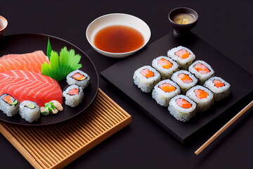 Beautifully plated sushi roll, black background, food photography illustration