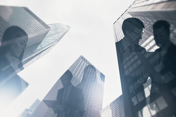 Sticker - Abstract city with businesspeople silhouettes and bright white sky light. Wallpaper image. Teamwork, success and meeting concept. Double exposure.