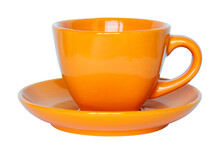 Empty Orange Cup And Saucer Isolated With Clipping Path For Mockup