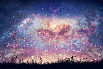 Wall Mural - Grass on night sky with space nebula and glowing stars