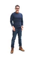 Full length portrait of happy casual older man smiling, Mid adult, mature age guy standing, isolated on white background.