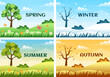 © denayune - Scenery of the Four Seasons of Nature with Landscape Spring, Summer, Autumn and Winter in Template Hand Drawn Cartoon Flat Style Illustration