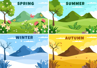 Scenery of the Four Seasons of Nature with Landscape Spring, Summer, Autumn and Winter in Template Hand Drawn Cartoon Flat Style Illustration