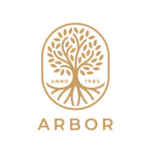 Arbor Tree Of Life Logo. Natural Product Plant Growth Icon. Botanical Wellness Spa Sign. Eco Nature Garden Emblem. Premium Oak Tree Roots Symbol. Vector Illustration.
