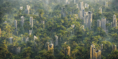 Wall Mural - flooded and overgrown post-apocalyptic city, aerial view