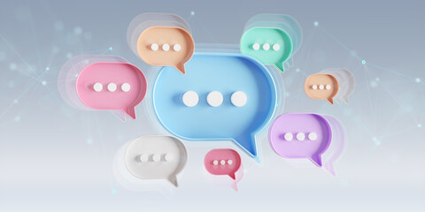 Wall Mural - Minimalist blue red orange green purple speech bubbles talk icons floating over grey background. Modern conversation or social media messages with shadow. 3D rendering