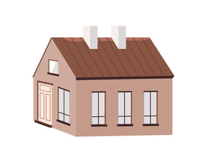 Fototapete - Residential house building exterior, outside view. Dwelling living home facade design, architecture with chimney on roof, windows and door. Flat vector illustration isolated on white background