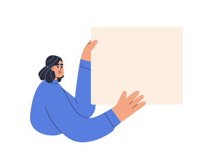Woman holding blank paper card in hands for presenting, advertising. Person showing empty banner background, promotion, business presentation mockup. Flat vector illustration isolated on white