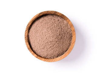 Canvas Print - Pink protein powder in wooden bowl isolated on white background. Top view. Flat lay.