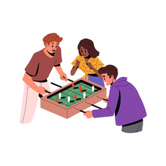 Friends playing soccer table game. People players during foosball, toy football. Characters and fun, leisure activity, entertainment. Colored flat vector illustration isolated on white background