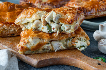 Mini chicken and mushroom puff pastry pies