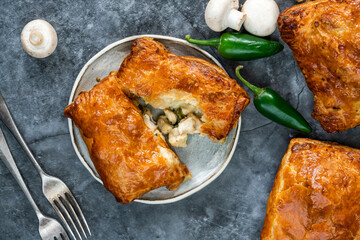 Mini chicken and mushroom puff pastry pies