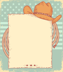 Sticker - Wild West cowboy poster for text. Vector western hand drawn vintage background with cowboy hat and lasso on symbol American flag design.