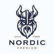 Nordic viking logo. Norse warrior symbol. Fierce horned barbarian helmet icon. Norseman Odin emblem. Vector illustration.