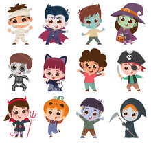 Vector Illustration Set Of Cute Cartoon Children. Happy Halloween.Kids In Halloween Costumes