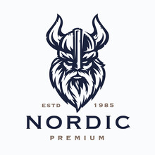Nordic Viking Logo. Norse Warrior Symbol. Fierce Horned Barbarian Helmet Icon. Norseman Odin Emblem. Vector Illustration.