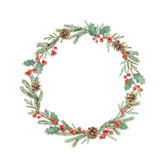 Wall Mural - watercolor vector christmas frame with fir branches and holly berry.
