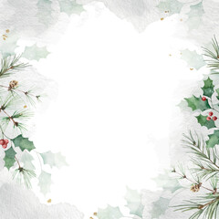 Wall Mural - watercolor christmas vector card with green leaves and holly berries.