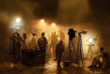 Silhouettes Of People In A Watercolour Digital Wallpaper Illustration Of A Retro Movie Set. The Filming Of A Motion Picture With Behind The Scenes Imagery, Huge Movie Set, Lights And Stage Artwork.