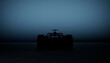 Front view silhouette of a modern generic sports racing car standing in a dark garage. Realistic 3d rendering